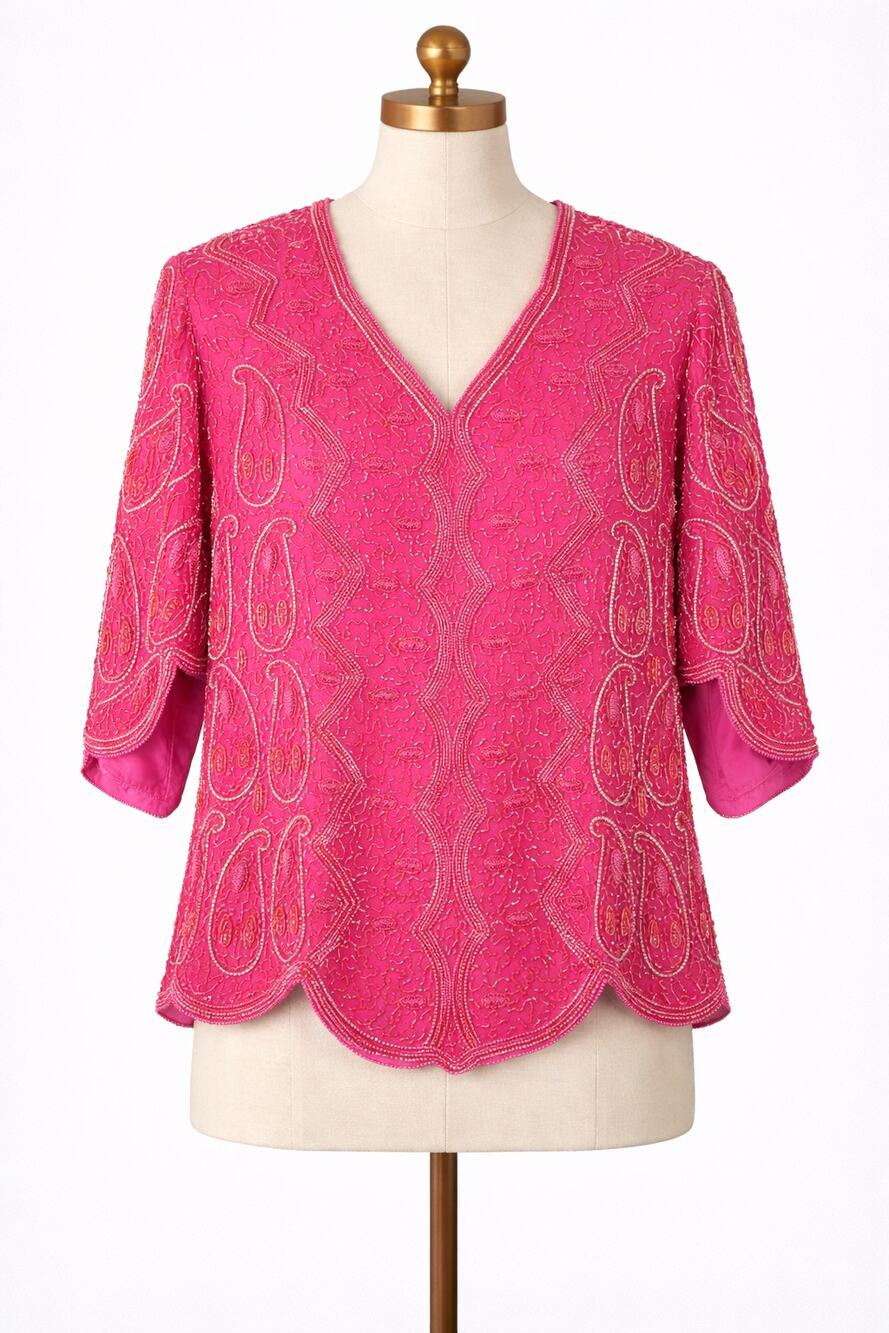 Vintage 100% Silk Hot Pink Beaded Top Blouse 1980s